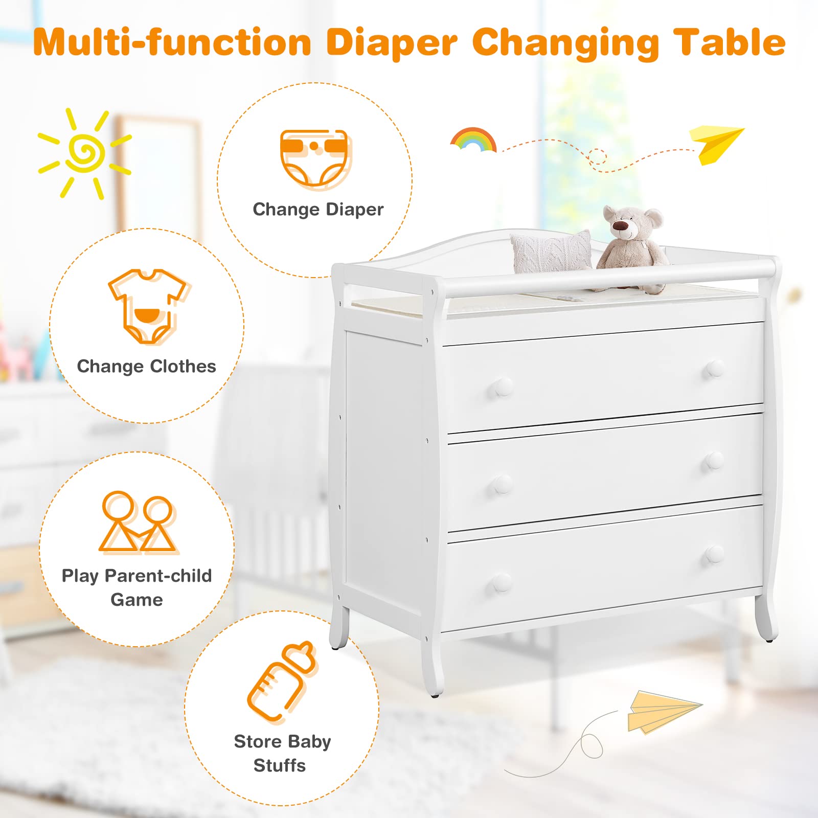 Costzon 3-Drawer Changing Table, Infant Diaper Changing Station with Drawers, Safety Rails & Strap, Baby Changing Table Dresser for Nursery, Easy Assembly (White)