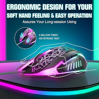 BENGOO Gaming Mouse Wired, USB Optical Computer Mice with RGB Backlit, 4 Adjustable DPI Up to 3600, Ergonomic Gamer Laptop PC Mouse with 6 Programmable Buttons for Windows 7/8/10/XP Vista Linux -Black
