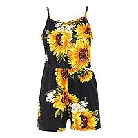 TiaoBug Girls Sleeveless Sunflower Print Romper Kids Summer Adjustable Strap Floral Short Jumpsuit with Pockets