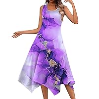 Dresses for Women Casual Round Neck Sleeveless Print Irregular Hem Midi Dress