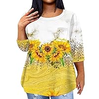 Plus Size Summer Shirts Plus Size Tops for Women Sunflower Print Casual Fashion Trendy Loose Fit with 3/4 Sleeve Round Neck Shirts White 4X-Large