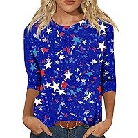 Womens 4Th of July Shirts 3/4 Sleeve Patriotic American Flag Patriotic Shirts Independence Day Crewneck Cute Festival Tops