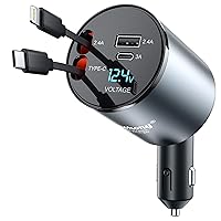 Retractable Car Charger, Upgraded 120W 4 in 1 Super Fast Charge Car Phone Charger, Retractable Cables and 2 USB Ports, Car Charger Adapter for iPhone 15/14/13/12 Pro Max XR, iPad, Samsung