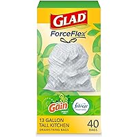 Glad Trash Bags, ForceFlex Tall Kitchen Drawstring Garbage Bags‚ 13 Gallon White Trash Bag, Gain Original scent with Febreze Freshness‚ 40 Count (Package May Vary)