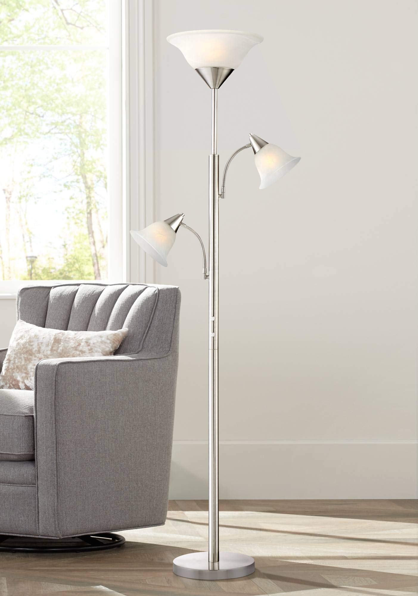 Jordan Modern Tree Torchiere Floor Lamp Standing 3-Light 71 1/2" Tall Brushed Nickel Silver Alabaster Glass Shades Decor for Living Room Readin...
