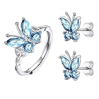 SILVERCUTE Aquamarine Blue Butterfly Earrings Ring Set