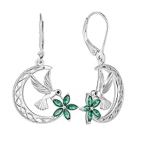 YL Hummingbird Earrings Sterling Silver Celtic Moon Flowers Dangle Drop Earrings Birthstone Leverback Jewelry for Women, Metal, Emerald