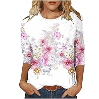 Summer Tops for Women, Womens Tops 3/4 Sleeve Crewneck Cute Shirts Casual Floral Printed Tunic Tops Summer T Shirt