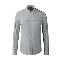 通用 Men's Shirts Grey Striped Patchwork Casual Slim Fit Men's Long Sleeve Business Shirts