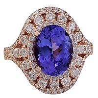 5.72 Carat Natural Blue Tanzanite and Diamond (F-G Color, VS1-VS2 Clarity) 14K Rose Gold Luxury Cocktail Ring for Women Exclusively Handcrafted in USA