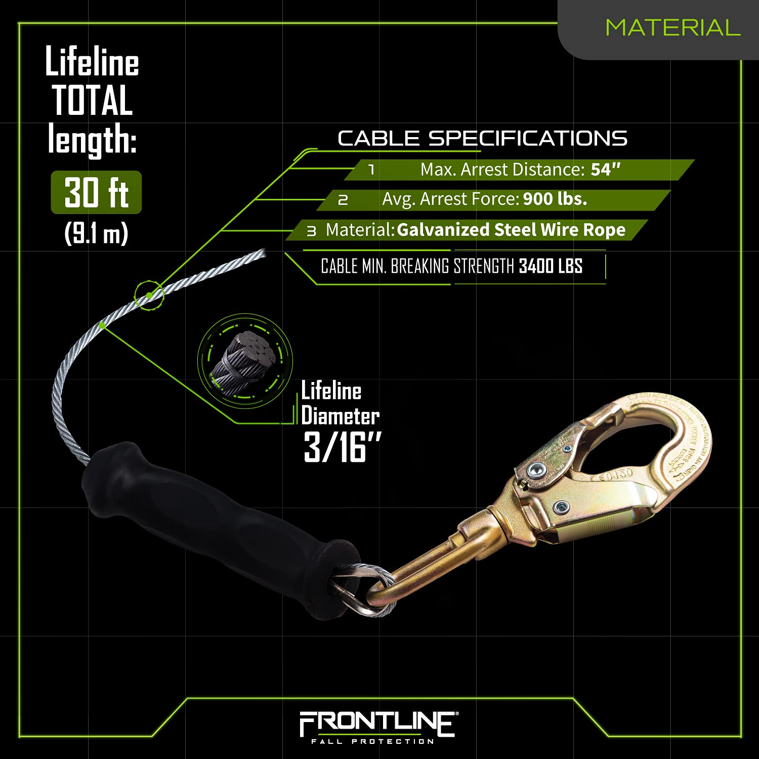 Frontline RPG30 Cable Single Leg 30ft SRL with Steel Snap Hook End.| Roofing | Construction | Personal Fall Arrest Protection | Galvanized Steel Retractable Lifeline/Safety Yoyo