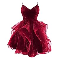 Glitter Tulle Tiered Short Homecoming Dresses 2024 V-Neck Prom Dresses Spaghetti Straps Mini Cocktail Dresses for Teens
