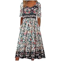 Women Ethnic Floral Casual Short Sleeve T-Shirt Dress Summer High Waist Fashion Crewneck A-Line Dress with Pockets