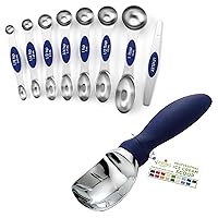 Spring Chef Dual Sided Magnetic Measuring Spoons, Set of 8 & Professional Ice Cream Scoop - 2 Product Bundle - Sapphire