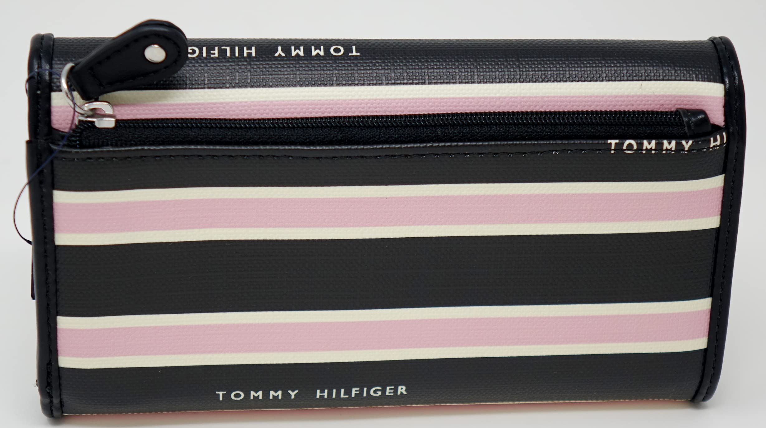 Tommy Hilfiger Women's Black Pink & White Striped Coated Canvas Logo Checkbook Wallet Clutch Bag