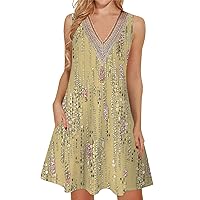 Summer Dresses for Women 2024 Trendy Lace V Neck Sleeveless Dressy Casual Sundress with Pocket Tank Dress Spring Sale 2024(3-Yellow,Medium)