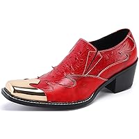 Men's Loafers Graphic Print Genuine Leather Crystals, Metal Square-Toe Smoking Slippers Casual Shoes