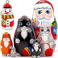 AEVVV Christmas Novelty Gift - Christmas Russian Nesting Dolls Set - Cat Nesting Dolls Set of 5 pcs - Santa Nesting Doll and Keychain Snowman - Cat Decor for Cat Lovers