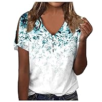 Women Summer Vintage Floral Print T Shirt V Neck Button Down Henley Shirt Casual Short Sleeve Tops Hollow Out Blouse