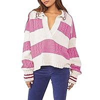 Pink Queen Women's 2023 Fall Casual Oversized Pullover Sweaters Lapel Collar V Neck Long Sleeve Cable Knit Striped Jumper Top