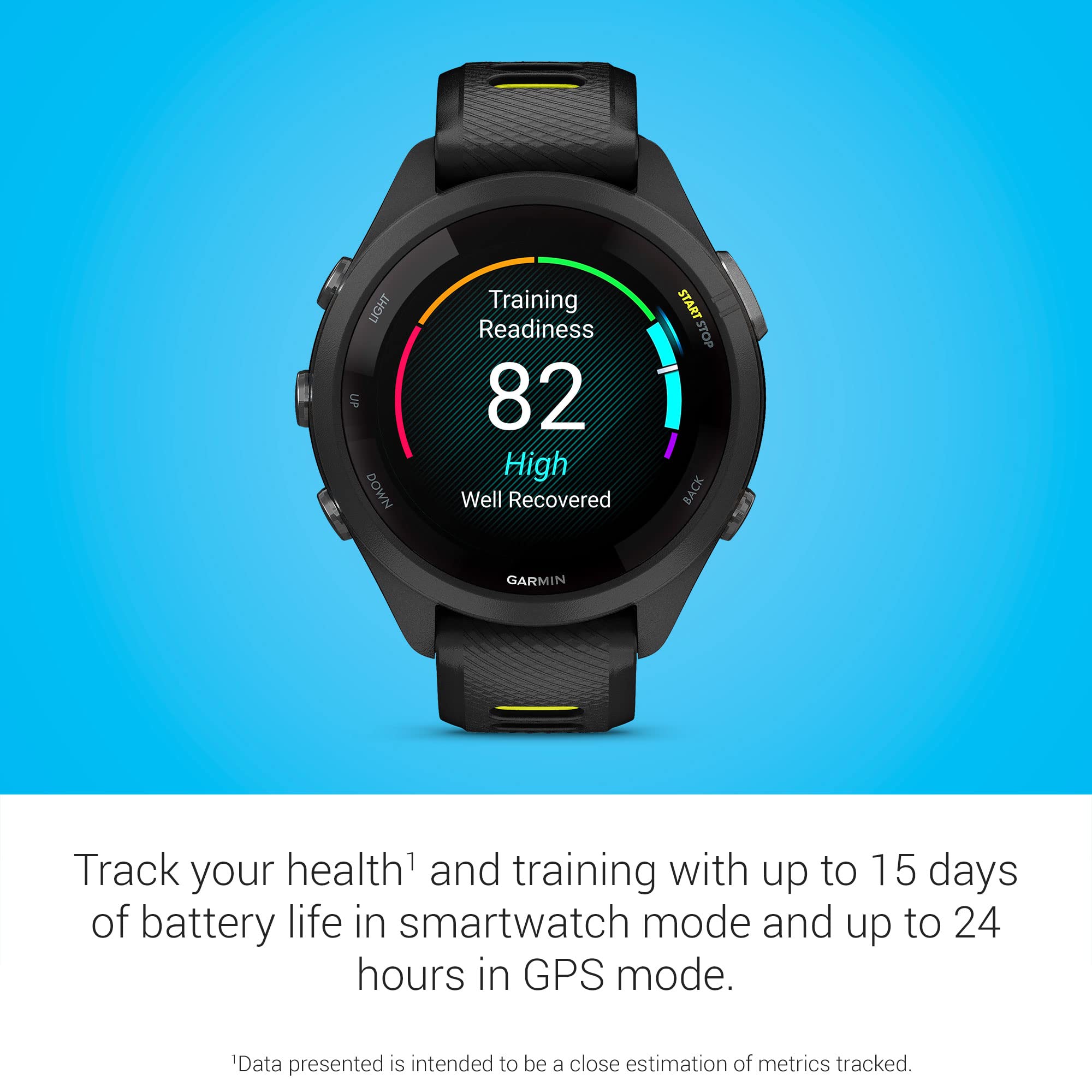 Garmin Forerunner 265S Running Smartwatch, Colorful AMOLED Display, Training Metrics and Recovery Insights, Black and Amp Yellow