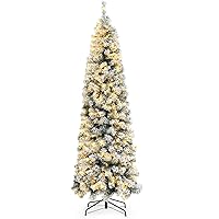 Snow Flocked Artificial Holiday Pencil Christmas Pine Tree for Home, Office, Party Decoration w/ 250 Warm White Lights, Metal Hinges & Base, 6.5ft Pencil Christmas Snow Tree