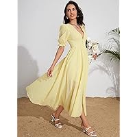 Dresses for Women Women's Dress Puff Sleeve Fake Button Plunging Neck Slit Hem Dress Dresses (Color : Yellow, Size : Small)