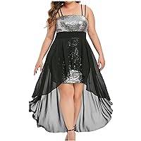 Women Plus Size Sexy Sequin Cami Cocktail Dress Fashion Party Evening High Low Hem Mesh Patchwork Dresses Prom Gown