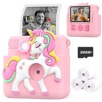 Kids Camera Instant Print Gifts for Girls Age 4-12, Instant Print Camera for Kids with Unicorn Silicone Cover, 1080P Kids Digital Camera Toys for 3 4 5 6 7 8 9 10 Years Old Girls 32GB SD Card Pink