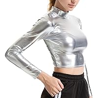 iiniim Womens Metallic Liquid Mock Turtleneck Crop Top Shiny Long Sleeve Tank Top T-Shirt Blouse Clubwear