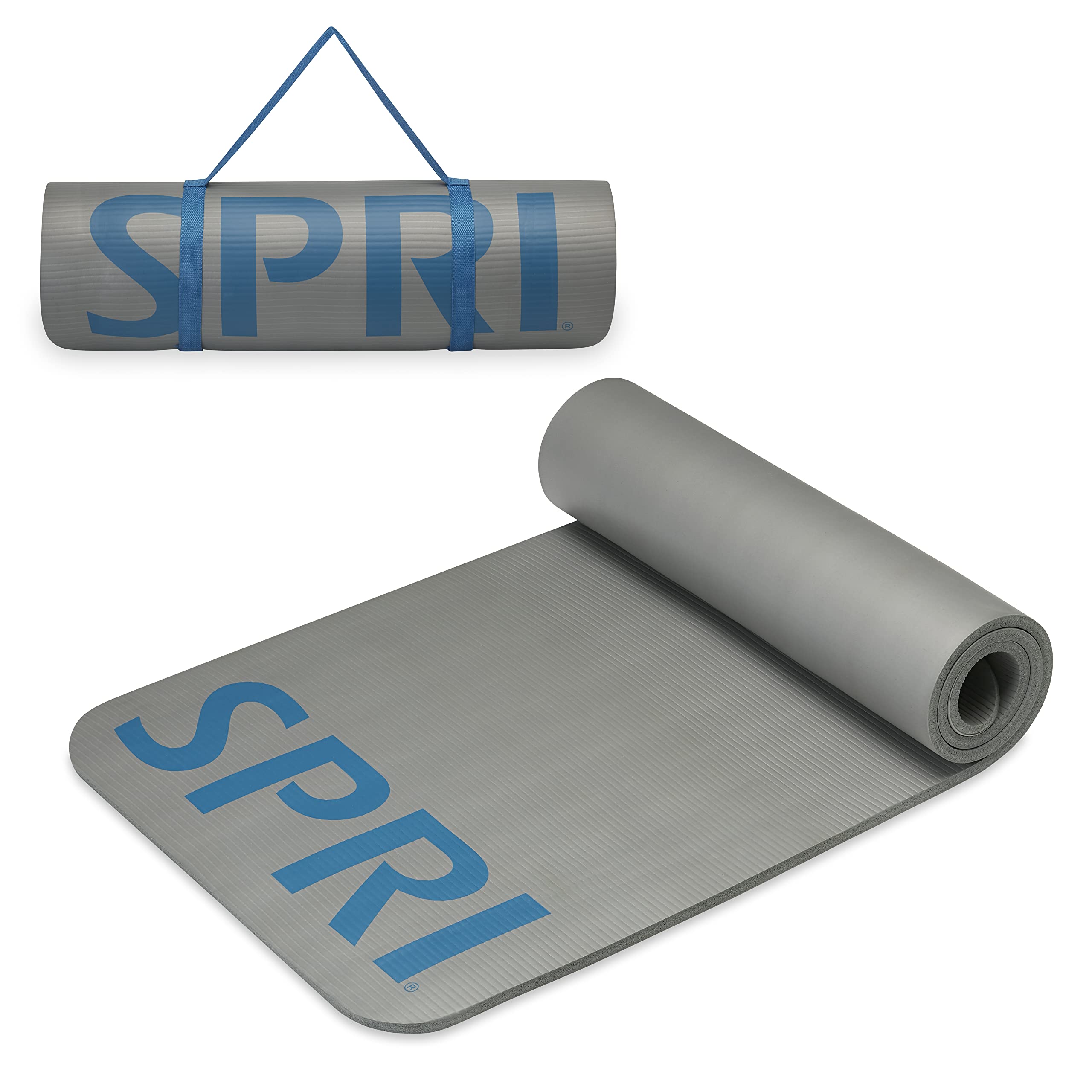 SPRI 12mm Pro Fitness Matt - Thick Exercise Mat for Floor Workouts, Sit-Ups, Push-Ups, Stretching, Toning, and General Fitness - Non-Slip Texture, Cushioned, Portable Rolling Mat with Carrying Strap Grey