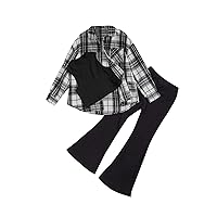 OYOANGLE Girl's 3 Piece Outfits Rib Knit Tank Top and Flared Leg Pants with Plaid Long Sleeve Shirt Set