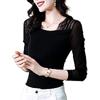 Mesh Tops for Women, Autumn Solid Scoop Neck Semi Sheer Long Sleeve Pleated Patchwork Blouses Elegant Work Shirts