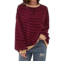 Oversized Tshirts for Women Striped Color Block Long Sleeve Crewneck Loose Casual Pullover Y2K Sweatshirt Tops