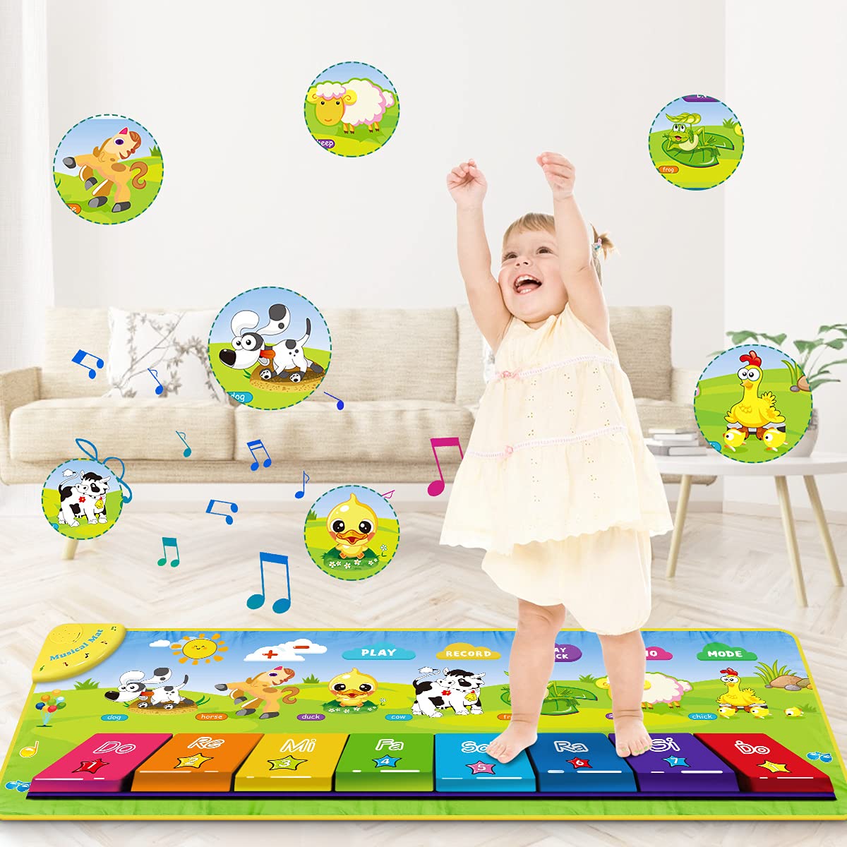 RenFox Piano Mat, ToddlerToys Musical Dance Floor Piano Keyboard Mat with 25 Music Sounds Animal Blanket Touch Playmat, Early Educational Toys Gift for 1 2 3 4 5 Years Old Baby Girls Boys