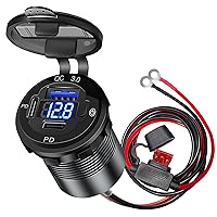 12V USB Car Charger Socket 3-Port USB C 12V Outlet with Switch & Voltmeter, Aluminum Marine USB Outlet Cigarette Socket Replacement Waterproof Fast Charger for Boat Golf Cart RV Motorcycle Truck