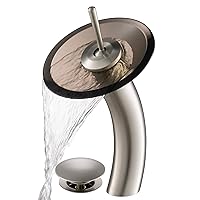 Kraus KGW-1700-PU-10SN-BRCL Single Lever Vessel Glass Waterfall Bathroom Faucet Satin Nickel with Brown Clear Glass Disk and Matching Pop Up Drain