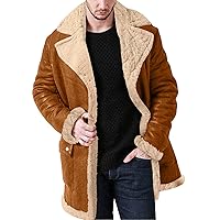Mens Sherpa-Lined Faux Fur Coat Fleece Shearling Coat Trucker Hunting Heavyweight Suede Leather Jackets with Pockets