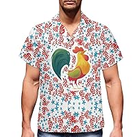 GLUDEAR Men Funny Chicken Cock Rooster Printed Short Sleeve Beach Hawaiian Button Down Aloha Shirts Plus Size 2XS-7XL