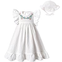fioukiay Toddler Girl Dress Cotton Linen Ruffle Sleeve Beach Dresses Kids Summer Sundress with Hat