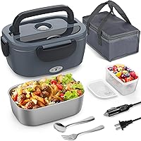 Electric Lunch Box, 3 in 1 Heated Lunch Box for adults, Portable Heating Lunch Box with 1.5L Removable Stainless Steel Container for Office/Car/Truck, 110V 24V 12V, 80W-60W, Black Grey