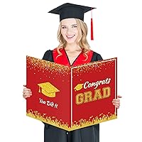 Jumbo Graduation Party Supplies Greeting Card Decorations Class of 2024 Congrats Grad Giant Guest Book Happy Graduation Party Gifts for Primary Middle High School College - 11 x 14 inches(Red & Gold)