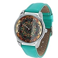 ZIZ Gold Pattern Turquoise Band Watch Unisex Wrist Watch, Quartz Analog Watch with Leather Band