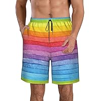 Colorful Rainbow Stripe Print Men's Beach Shorts Hawaiian Summer Holiday Casual Lightweight Quick-Dry Shorts