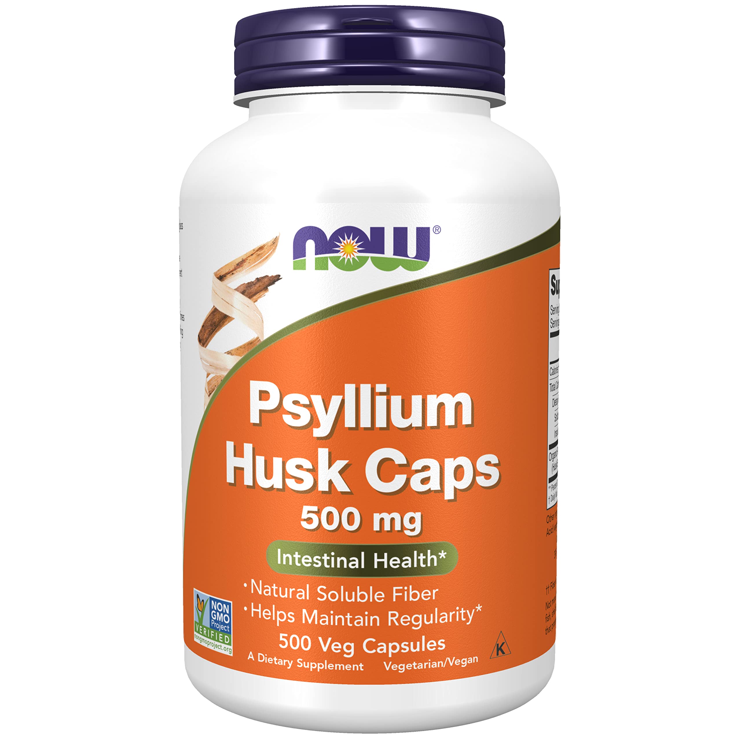 NOW Supplements, Psyllium Husk Caps 500 mg, Non-GMO Project Verified, Natural Soluble Fiber, Intestinal Health*, 500 Veg Capsules