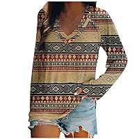 Wirziis Womens Long Sleeve Tops Fashion Western Aztec V Neck T-Shirt Casual Loose Fit Spring Tunic Tops for Leggings