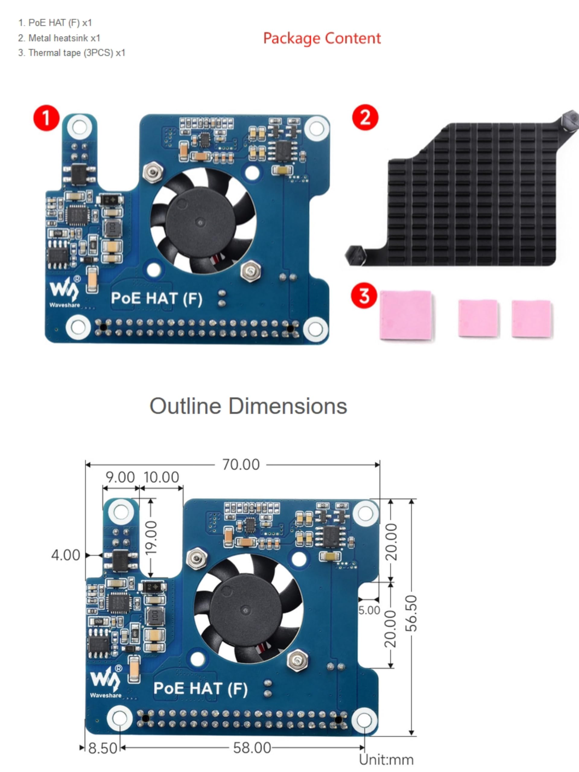 waveshare Power Over Ethernet HAT PoE HAT with Metal Heatsink for Raspberry Pi 5, Onboard Cooling Fan, Supports 802.3af/at Network, 12V and 5V Power Outputs Easy for More Peripherals