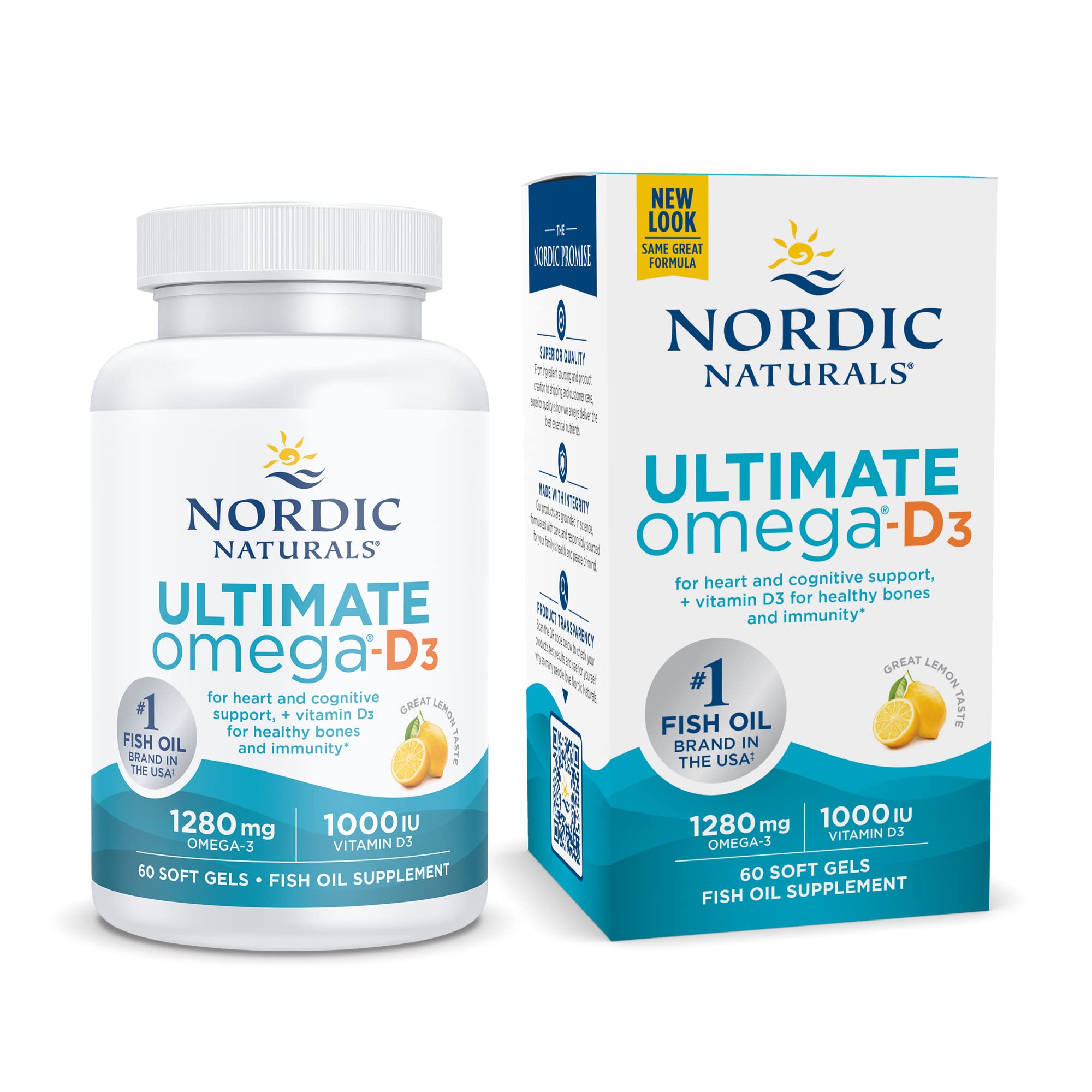 Nordic Naturals Ultimate Omega-D3, Lemon Flavor - 60 Soft Gels - 1280 mg Omega-3 + 1000 IU Vitamin D3 - Omega-3 Fish Oil - EPA & DHA - Promotes Brain, Heart, Joint, & Immune Health - 30 Servings