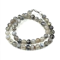 Natural Dragon Vein Agate Gemstone Round Beaded Stretchable 15.5 Inches Choker Necklace For Girls and Women, Unisex Necklace, Handmade Necklace For Gift, Christmas Gift,Friendship