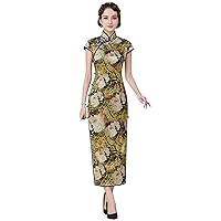 Cheongsam Dresses Silk Printed Oblique Placket Mock Neck Short Sleeve Golden Qipao H3239